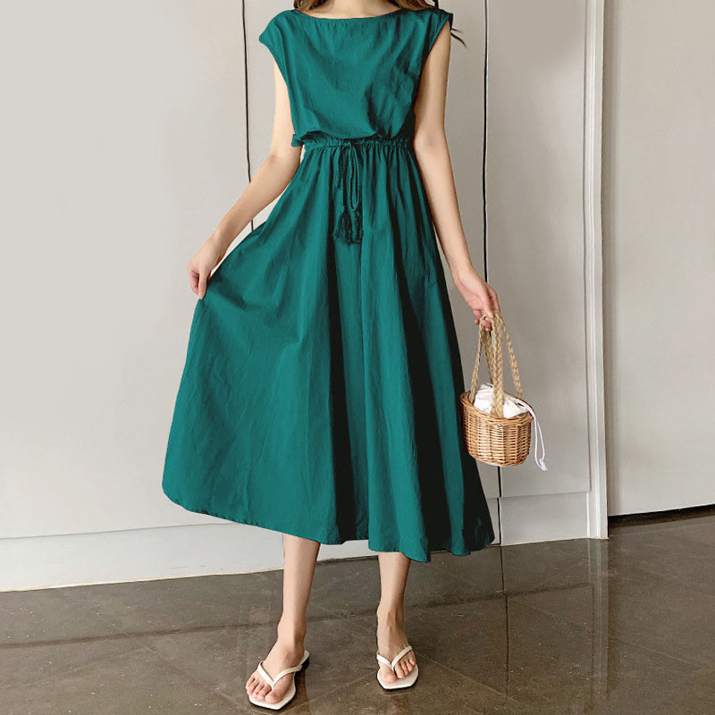 Buddha Stones Casual Eastic Waist Drawstring Design Short Sleeve Midi Dress - DarkCyan - US8-10,UK/AU12-14,EU40-42 (2XL) - image 23