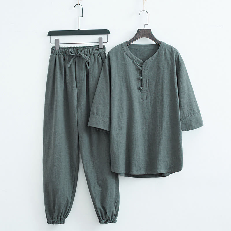 Buddha Stones Solid Color Traditional Short Sleeve T-shirt Pants Clothing Men's Set - Green(Top&Pants) - US/UK/AU44,EU54 (4XL) - image 0