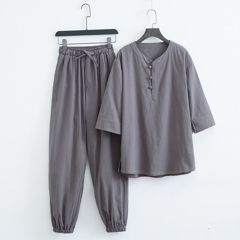 Buddha Stones Solid Color Traditional Short Sleeve T-shirt Pants Clothing Men's Set - Gray(Top&Pants) - US/UK/AU44,EU54 (4XL) - image 7
