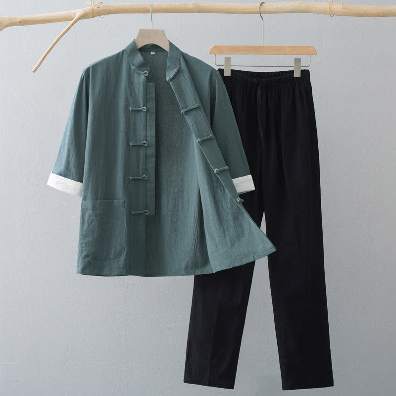 Buddha Stones Traditional Frog Tang Suit Half Sleeve Top Pants Clothing Men's Set - Green Top&Black Pants - US/UK/AU44,EU54 (4XL) - image 0