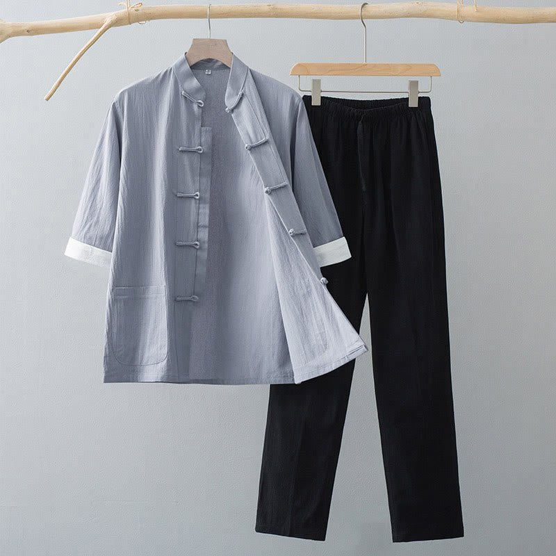 Buddha Stones Traditional Frog Tang Suit Half Sleeve Top Pants Clothing Men's Set - Gray Top&Black Pants - US/UK/AU44,EU54 (4XL) - image 6