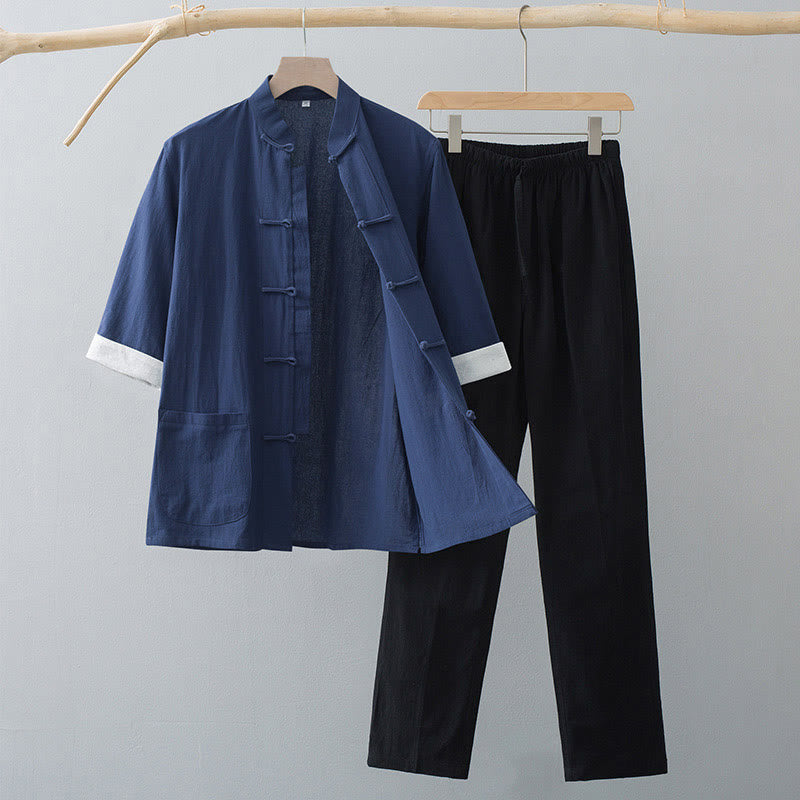 Buddha Stones Traditional Frog Tang Suit Half Sleeve Top Pants Clothing Men's Set - Navy Blue Top&Black Pants - US/UK/AU44,EU54 (4XL) - image 7