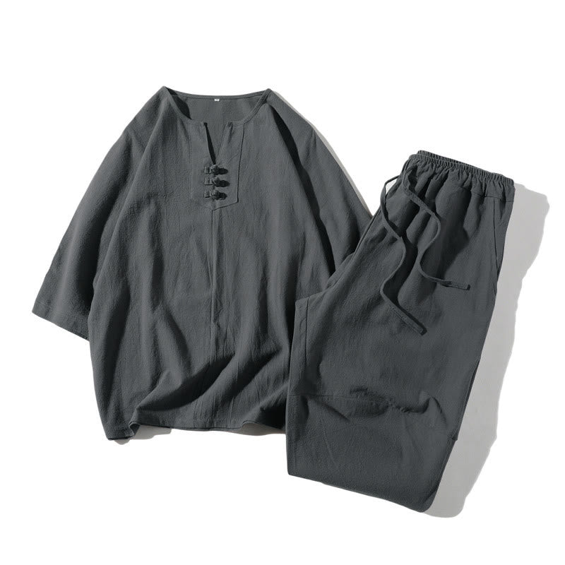 Buddha Stones 2Pcs Plain Notched Collar T-Shirt Wide Leg Shorts With Pockets Men's Meditation Cloth Set - SlateGray - US/UK/AU46,EU56 (5XL) - image 0