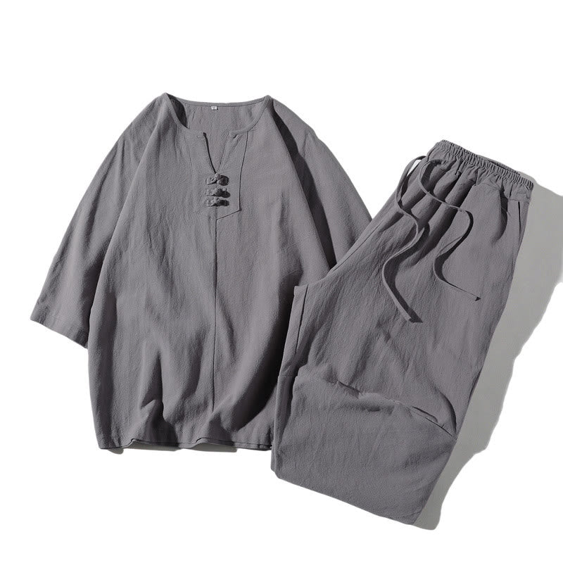Buddha Stones 2Pcs Plain Notched Collar T-Shirt Wide Leg Shorts With Pockets Men's Meditation Cloth Set - Silver - US/UK/AU46,EU56 (5XL) - image 20