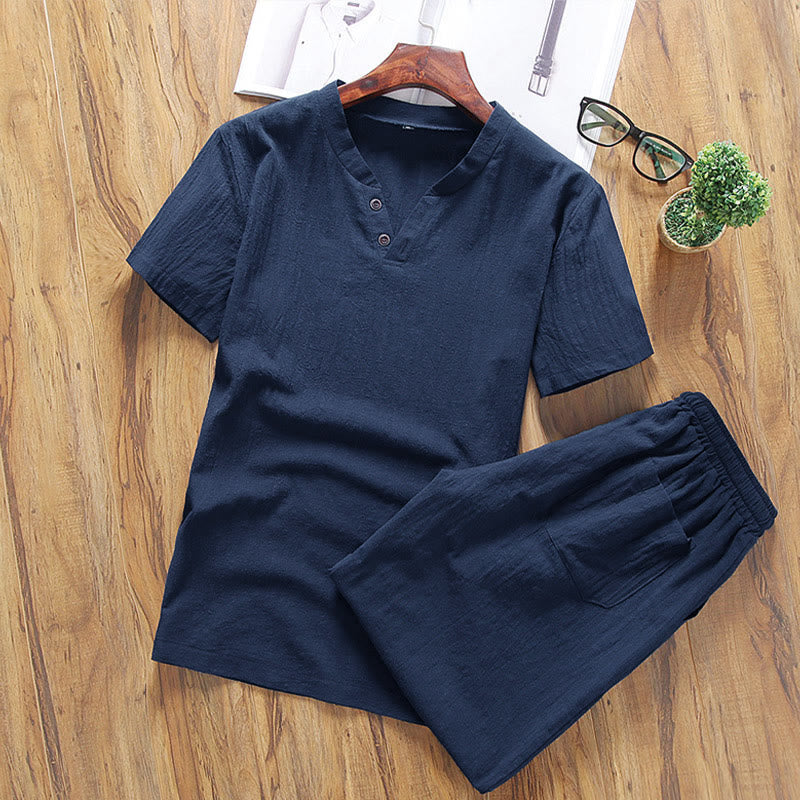 Buddha Stones Casual 2Pcs Plain Sleeve T-Shirt Shorts With Pockets Men's Meditation Cloth Set - MidnightBlue - US/UK/AU46,EU56 (5XL) - image 7