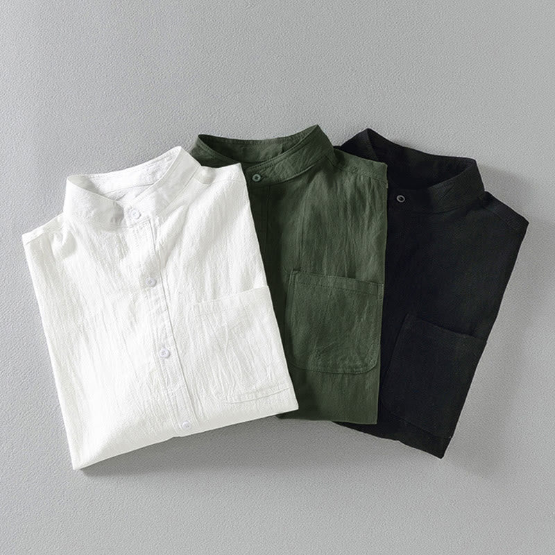 Buddha Stones Vintage Casual Plain Single Breasted Three Quarter Sleeve Men's Shirt With Pocket - image 17