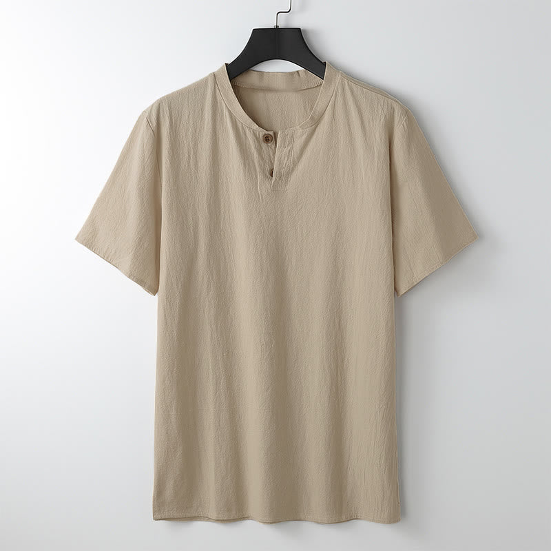 Buddha Stones Loose Men's T-shirt Solid Color Top Short Sleeve Button Notched Neck Soft Shirt - Moccasin - US/UK/AU54,EU64 (9XL) - image 8