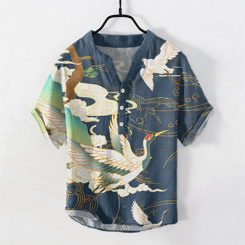 Buddha Stones Cotton Crane Auspicious Clouds Pine Pattern Men's Short Sleeve Half Button Shirt - SteelBlue - US/UK/AU50,EU60 (5XL) - image 4