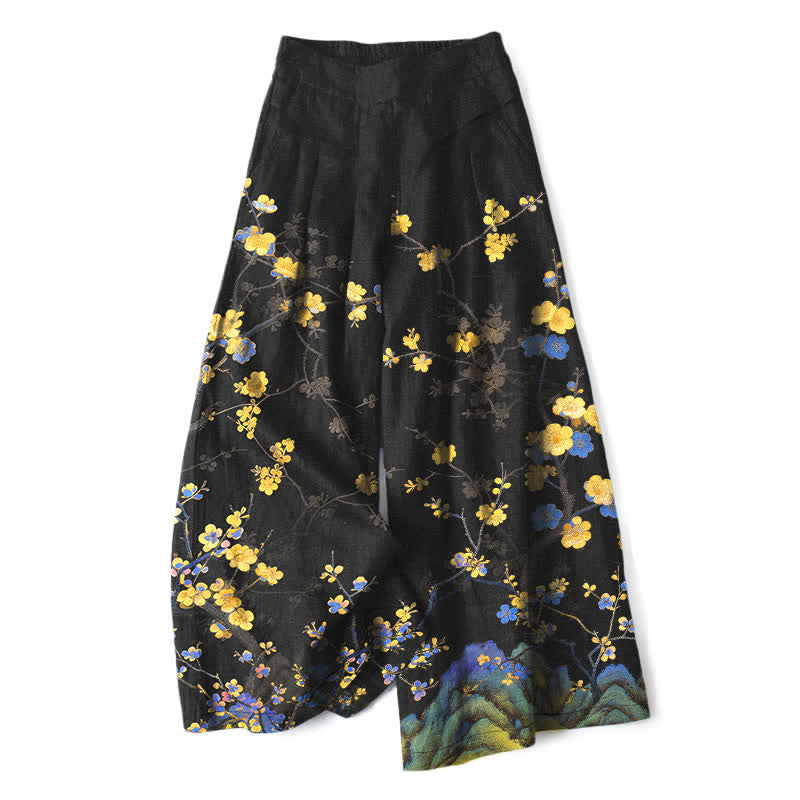 Buddha Stones Cotton Linen Vintage Yellow Floral Pattern Women's Elastic Waist Wide Leg Pants With Pockets - Black - US16,UK/AU20,EU48 (3XL) - image 0