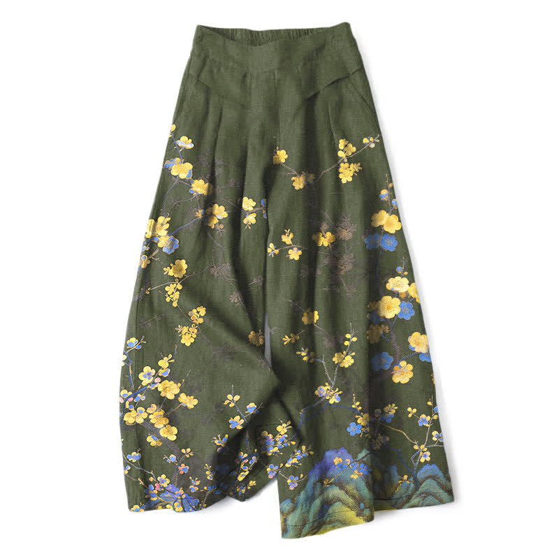 Buddha Stones Cotton Linen Vintage Yellow Floral Pattern Women's Elastic Waist Wide Leg Pants With Pockets - DarkOliveGreen - US16,UK/AU20,EU48 (3XL) - image 4