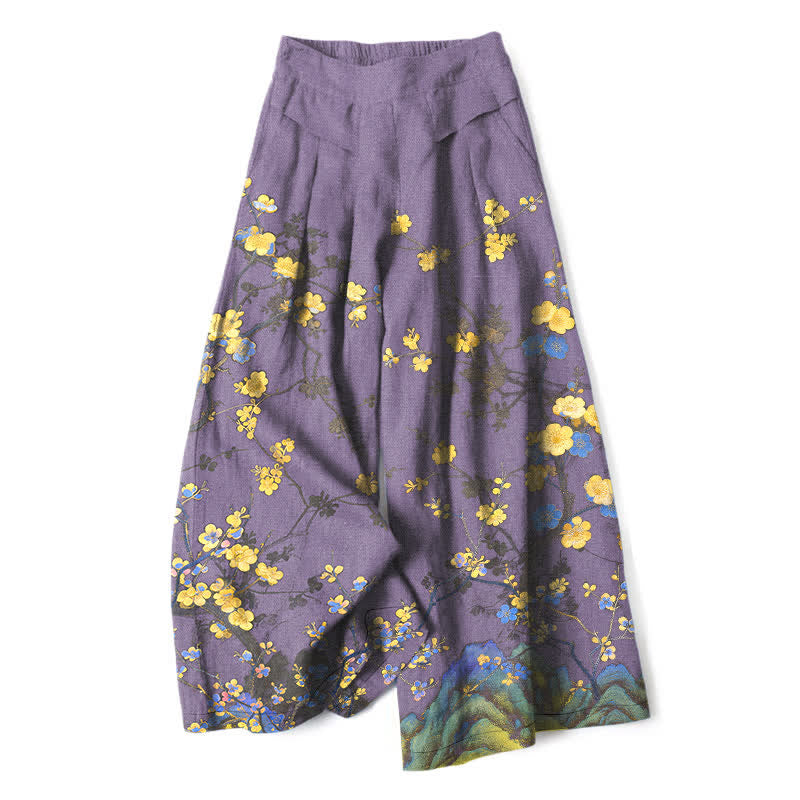 Buddha Stones Cotton Linen Vintage Yellow Floral Pattern Women's Elastic Waist Wide Leg Pants With Pockets - MediumPurple - US16,UK/AU20,EU48 (3XL) - image 6