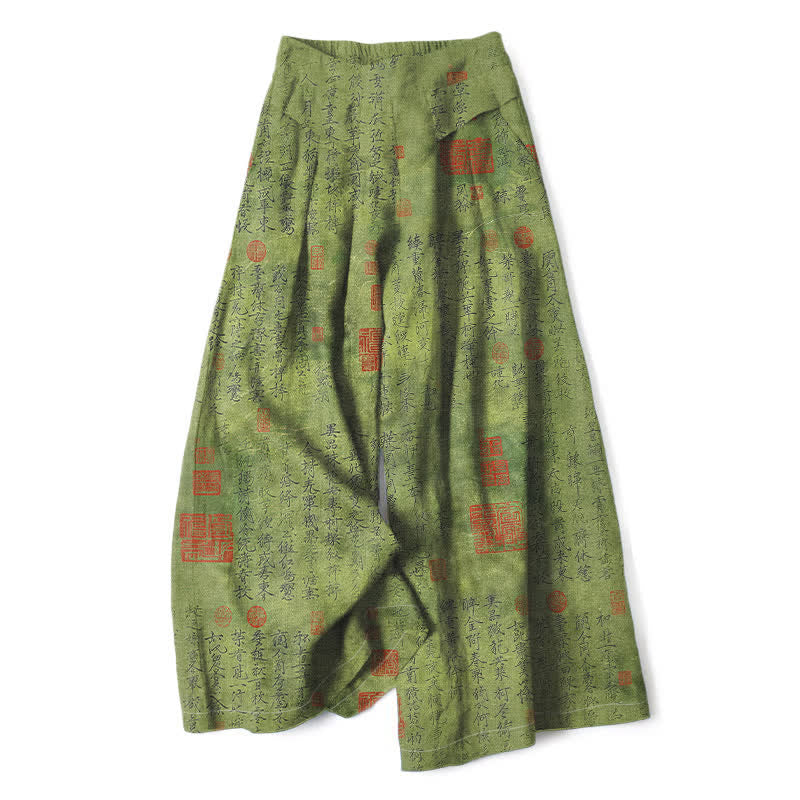 Buddha Stones Cotton Linen Vintage Script Pattern Women's Elastic Waist Wide Leg Pants With Pockets - OliveDrab - US16,UK/AU20,EU48 (3XL) - image 0
