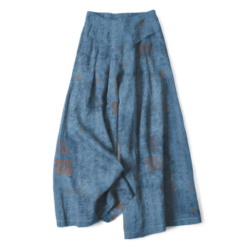 Buddha Stones Cotton Linen Vintage Script Pattern Women's Elastic Waist Wide Leg Pants With Pockets - SteelBlue - US16,UK/AU20,EU48 (3XL) - image 6