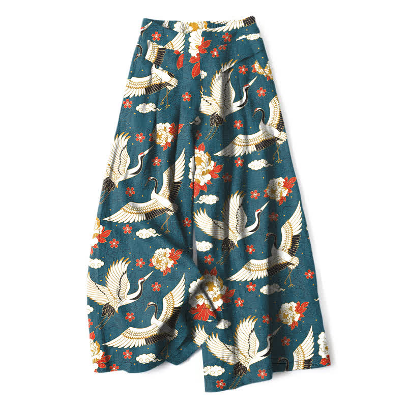 Buddha Stones Cotton Linen Crane Blossom Pattern Women's Elastic Waist Wide Leg Pants With Pockets - Teal - US16,UK/AU20,EU48 (3XL) - image 0