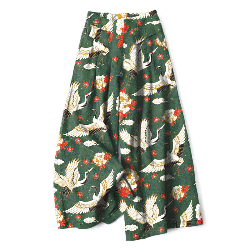 Buddha Stones Cotton Linen Crane Blossom Pattern Women's Elastic Waist Wide Leg Pants With Pockets - DarkOliveGreen - US16,UK/AU20,EU48 (3XL) - image 4