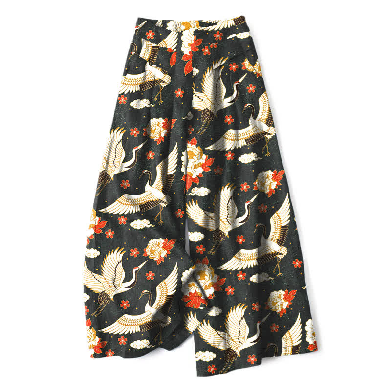 Buddha Stones Cotton Linen Crane Blossom Pattern Women's Elastic Waist Wide Leg Pants With Pockets - Black - US16,UK/AU20,EU48 (3XL) - image 6