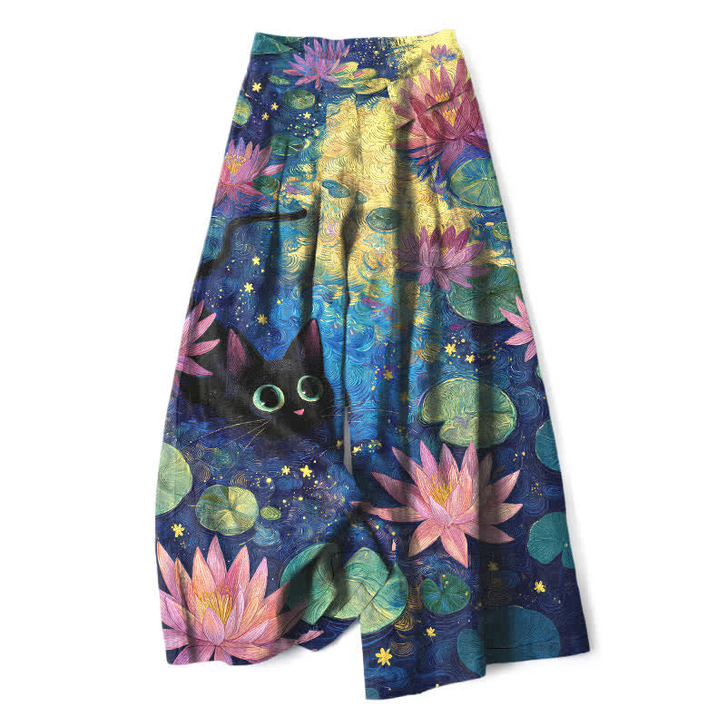 Buddha Stones Cotton Linen Celestial Floral Cat Lotus Pattern Women's Elastic Waist Wide Leg Pants With Pockets - Navy - US16,UK/AU20,EU48 (3XL) - image 0