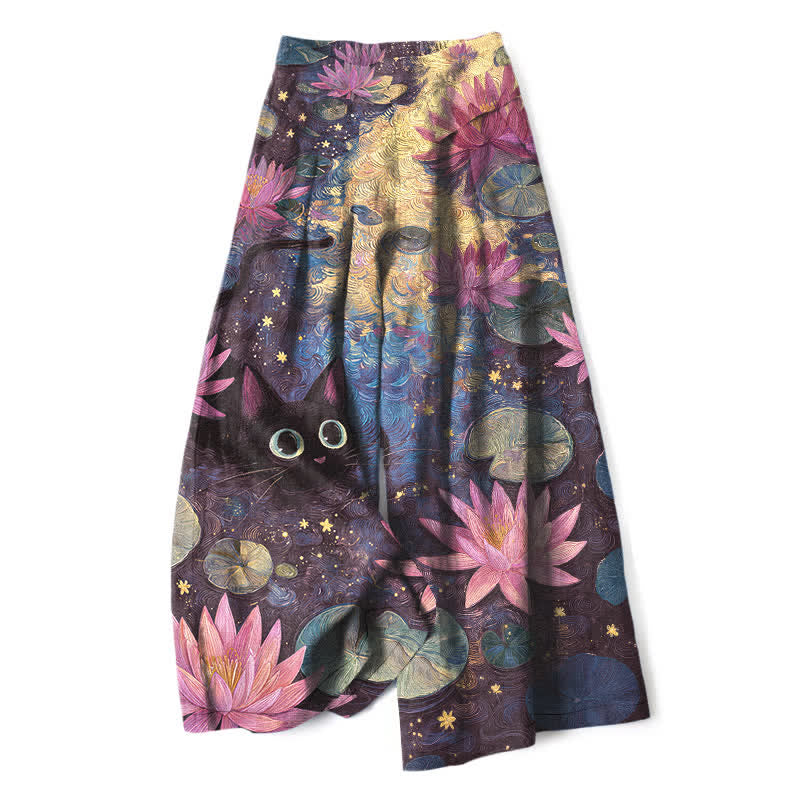 Buddha Stones Cotton Linen Celestial Floral Cat Lotus Pattern Women's Elastic Waist Wide Leg Pants With Pockets - DarkSlateBlue - US16,UK/AU20,EU48 (3XL) - image 4