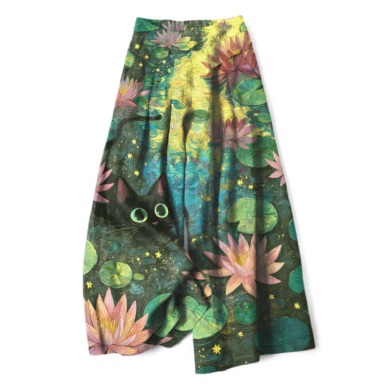 Buddha Stones Cotton Linen Celestial Floral Cat Lotus Pattern Women's Elastic Waist Wide Leg Pants With Pockets - DarkOliveGreen - US16,UK/AU20,EU48 (3XL) - image 6