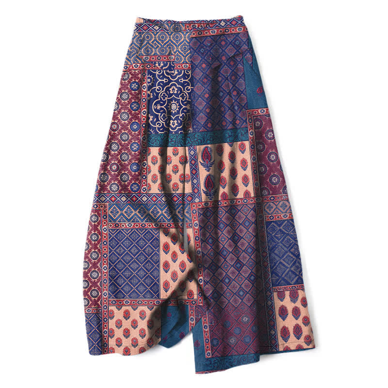 Buddha Stones Cotton Linen Vintage Floral Pattern Women's Elastic Waist Wide Leg Pants With Pockets - DarkSlateBlue - US16,UK/AU20,EU48 (3XL) - image 4