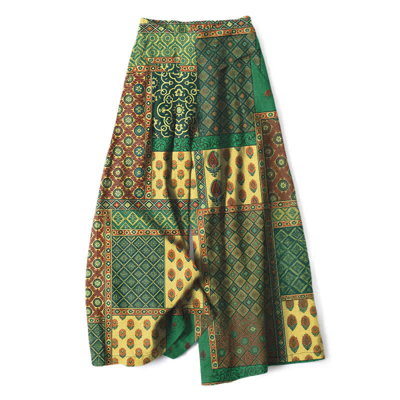 Buddha Stones Cotton Linen Vintage Floral Pattern Women's Elastic Waist Wide Leg Pants With Pockets - DarkOliveGreen - US16,UK/AU20,EU48 (3XL) - image 6