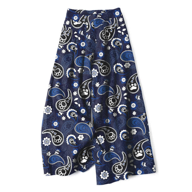 Buddha Stones Cotton Linen Vintage Paisley Floral Pattern Women's Elastic Waist Wide Leg Pants With Pockets - Navy - US16,UK/AU20,EU48 (3XL) - image 0