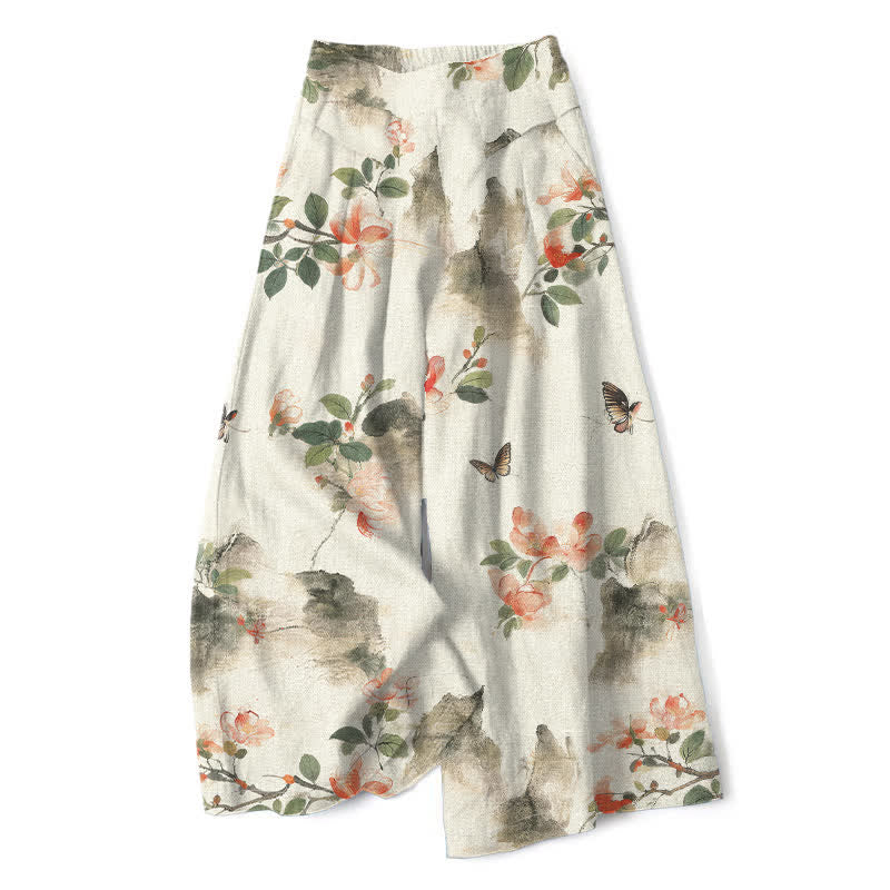 Buddha Stones Cotton Linen Vintage Floral Pattern Women's Elastic Waist Wide Leg Pants With Pockets - Ivory - US16,UK/AU20,EU48 (3XL) - image 0