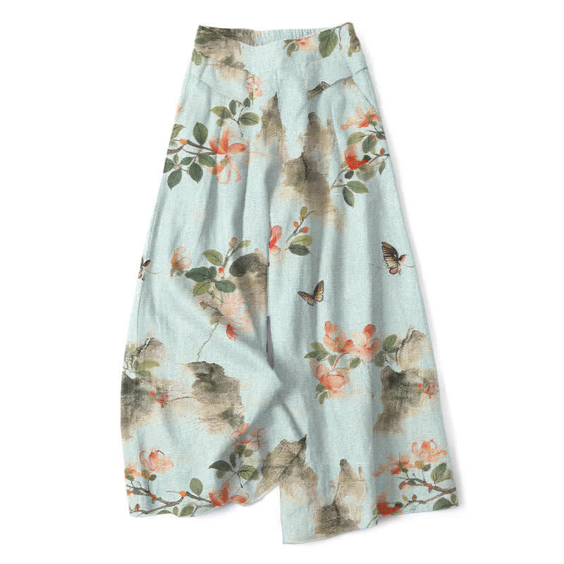 Buddha Stones Cotton Linen Vintage Floral Pattern Women's Elastic Waist Wide Leg Pants With Pockets - LightBlue - US16,UK/AU20,EU48 (3XL) - image 4