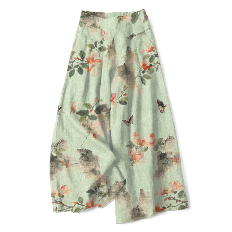 Buddha Stones Cotton Linen Vintage Floral Pattern Women's Elastic Waist Wide Leg Pants With Pockets - Honeydew - US16,UK/AU20,EU48 (3XL) - image 6
