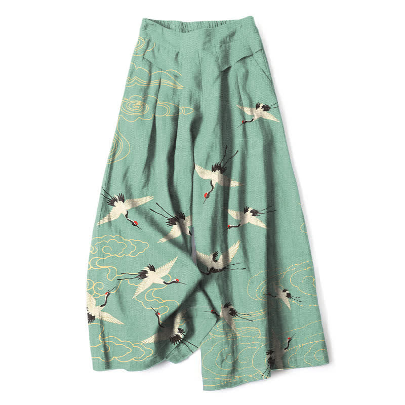 Buddha Stones Cotton Linen Vintage Crane Cloud Pattern Women's Elastic Waist Wide Leg Pants With Pockets - MediumAquamarine - US16,UK/AU20,EU48 (3XL) - image 0
