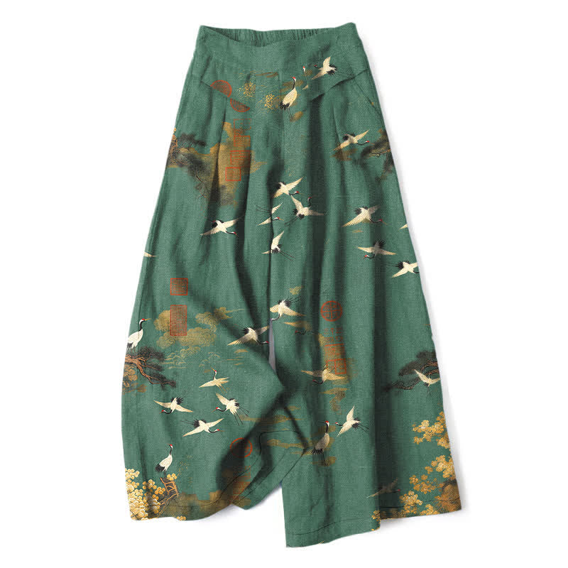 Buddha Stones Cotton Linen White Crane Floral Pattern Women's Elastic Waist Wide Leg Pants With Pockets - SeaGreen - US16,UK/AU20,EU48 (3XL) - image 0