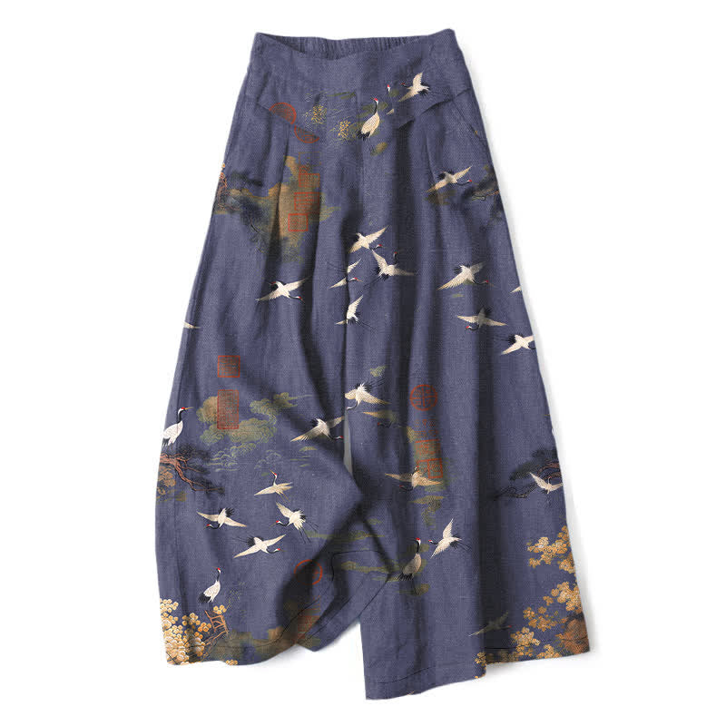 Buddha Stones Cotton Linen White Crane Floral Pattern Women's Elastic Waist Wide Leg Pants With Pockets - MediumPurple - US16,UK/AU20,EU48 (3XL) - image 4