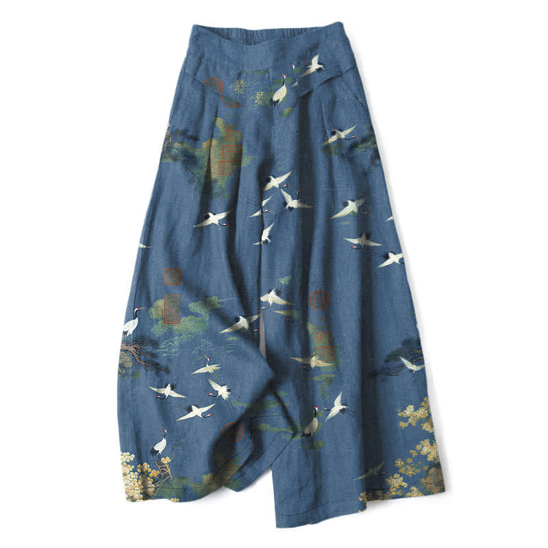 Buddha Stones Cotton Linen White Crane Floral Pattern Women's Elastic Waist Wide Leg Pants With Pockets - SteelBlue - US16,UK/AU20,EU48 (3XL) - image 6