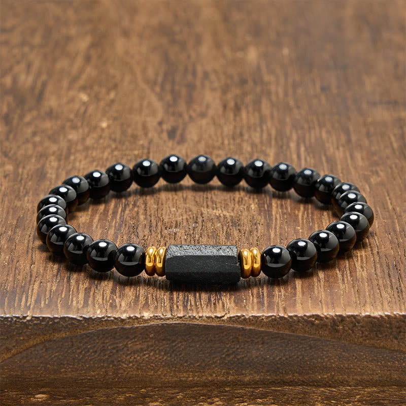 FREE Today: Protection and Transformation Black Obsidian Black Tourmaline Minimalist Round Bead Bracelet - Black Obsidian&Black Tourmaline (Raw elongated form · size varies) - 6mm (Wrist Circumference: 14-15cm) - image 0