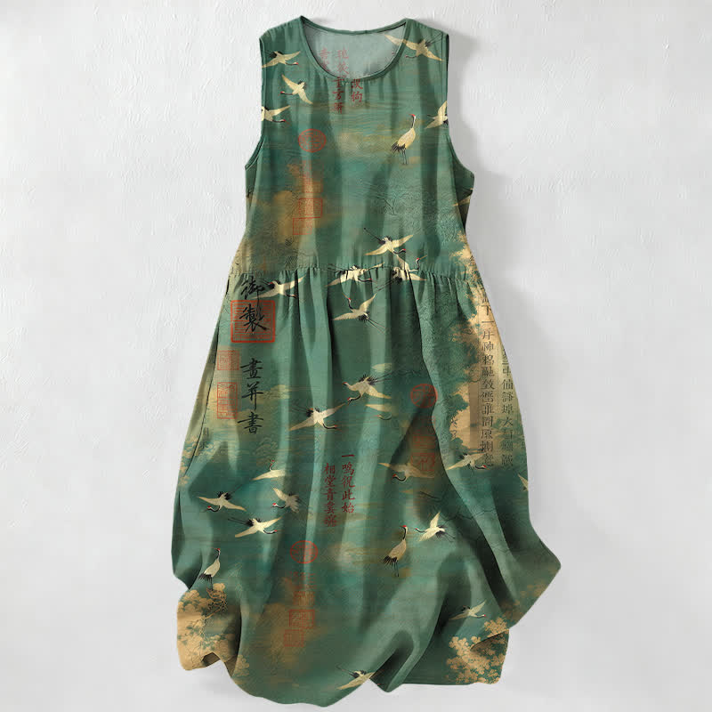 Buddha Stones Summer Casual Oriental Flying Crane Calligraphy Pattern Women's Summer Sleeveless Midi Dress With Pockets - SeaGreen - US16,UK/AU20,EU48 (3XL) - image 0