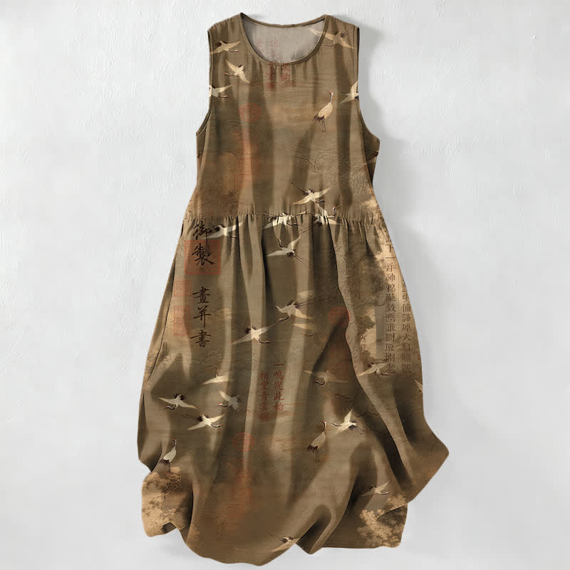 Buddha Stones Summer Casual Oriental Flying Crane Calligraphy Pattern Women's Summer Sleeveless Midi Dress With Pockets - DarkGoldenrod - US16,UK/AU20,EU48 (3XL) - image 4