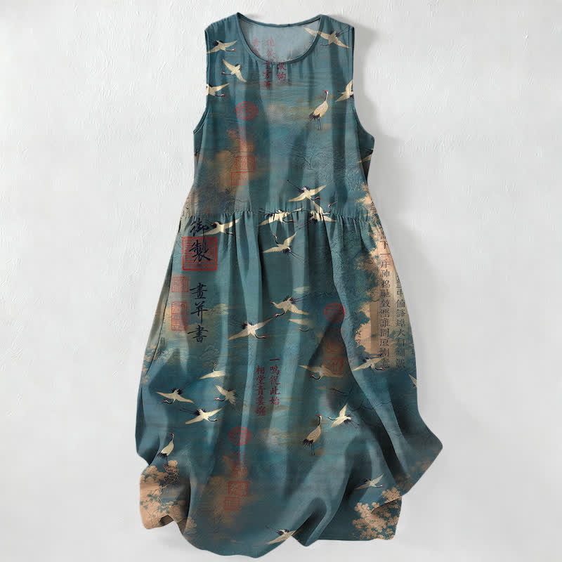 Buddha Stones Summer Casual Oriental Flying Crane Calligraphy Pattern Women's Summer Sleeveless Midi Dress With Pockets - CadetBlue - US16,UK/AU20,EU48 (3XL) - image 5