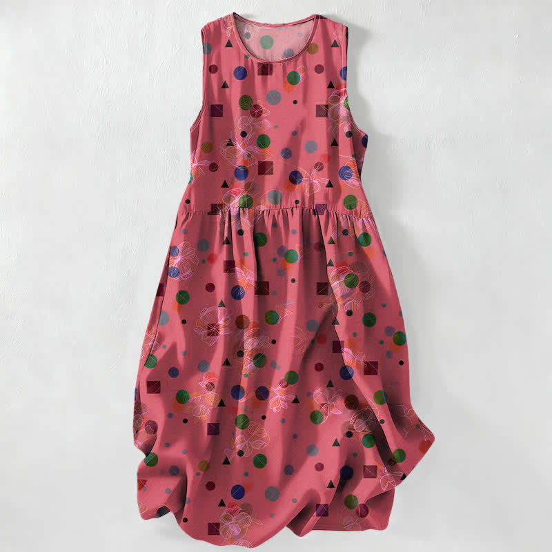 Buddha Stones Summer Casual Playful Geometric Dots Pattern Women's Summer Sleeveless Midi Dress With Pockets - LightCoral - US16,UK/AU20,EU48 (3XL) - image 0