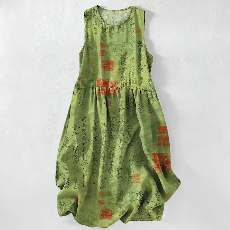 Buddha Stones Summer Casual Chinese Calligraphy Seal Pattern Women's Summer Sleeveless Midi Dress With Pockets - OliveDrab - US16,UK/AU20,EU48 (3XL) - image 0