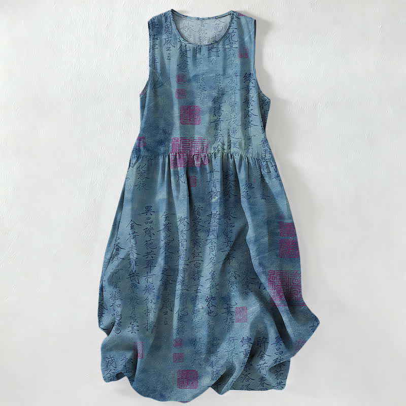 Buddha Stones Summer Casual Chinese Calligraphy Seal Pattern Women's Summer Sleeveless Midi Dress With Pockets - SlateGray - US16,UK/AU20,EU48 (3XL) - image 4