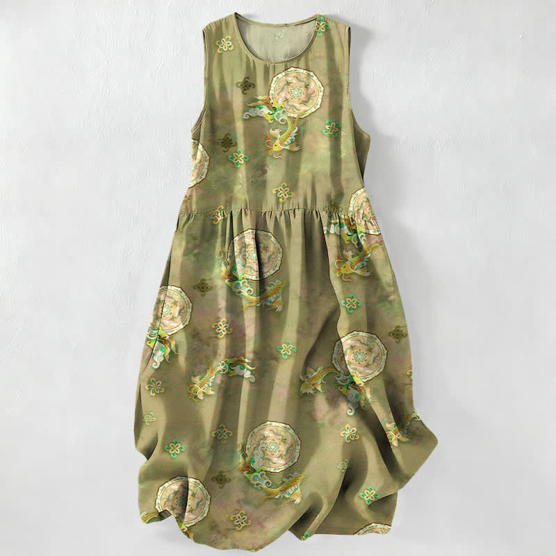 Buddha Stones Summer Casual Vintage Floral Medallions Leaves Pattern Women's Summer Sleeveless Midi Dress With Pockets - Olive - US16,UK/AU20,EU48 (3XL) - image 0