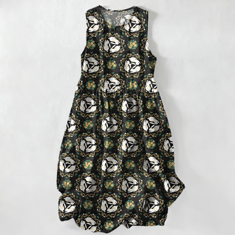 Buddha Stones Summer Casual Vintage Floral Medallions Leaves Pattern Women's Summer Sleeveless Midi Dress With Pockets - Black - US16,UK/AU20,EU48 (3XL) - image 0