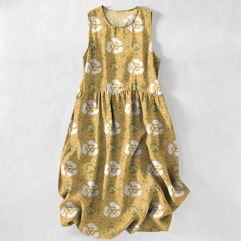 Buddha Stones Summer Casual Vintage Floral Medallions Leaves Pattern Women's Summer Sleeveless Midi Dress With Pockets - Goldenrod - US16,UK/AU20,EU48 (3XL) - image 4