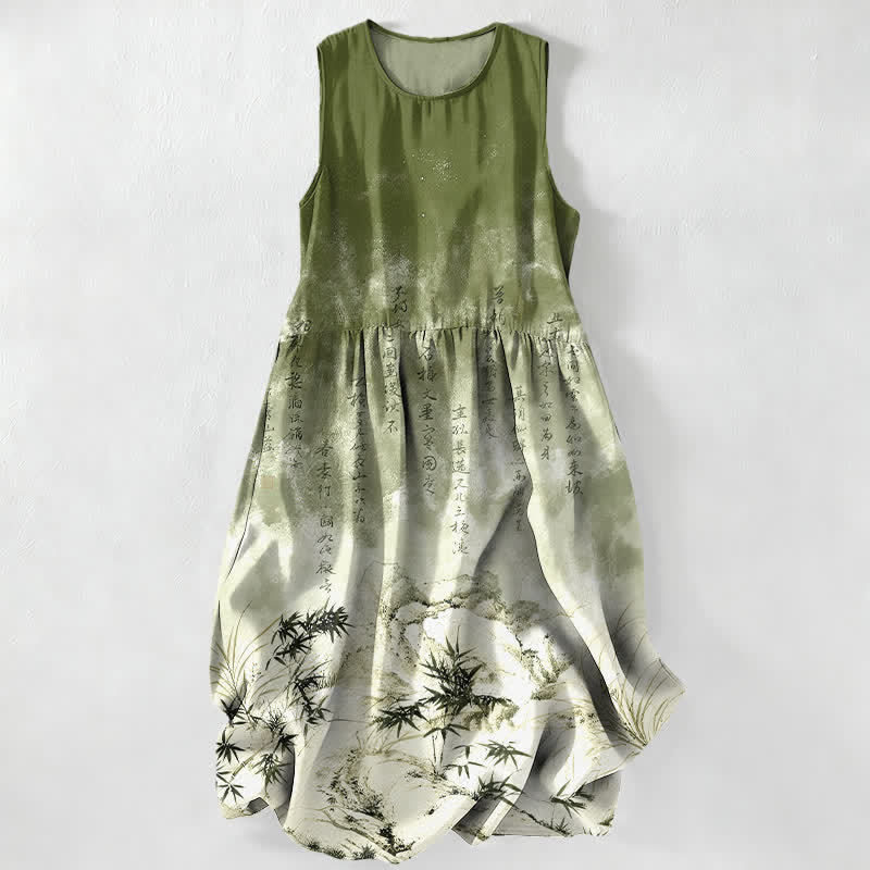 Buddha Stones Summer Casual Ink Bamboo Landscape Pattern Women's Summer Sleeveless Midi Dress With Pockets - OliveDrab - US16,UK/AU20,EU48 (3XL) - image 0