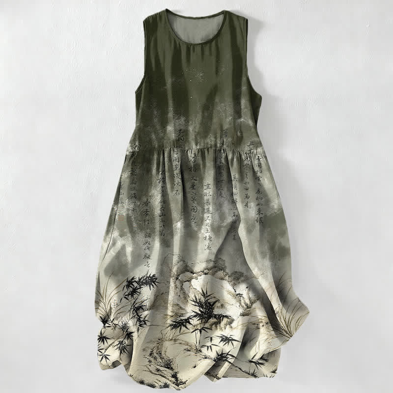 Buddha Stones Summer Casual Ink Bamboo Landscape Pattern Women's Summer Sleeveless Midi Dress With Pockets - Black - US16,UK/AU20,EU48 (3XL) - image 4