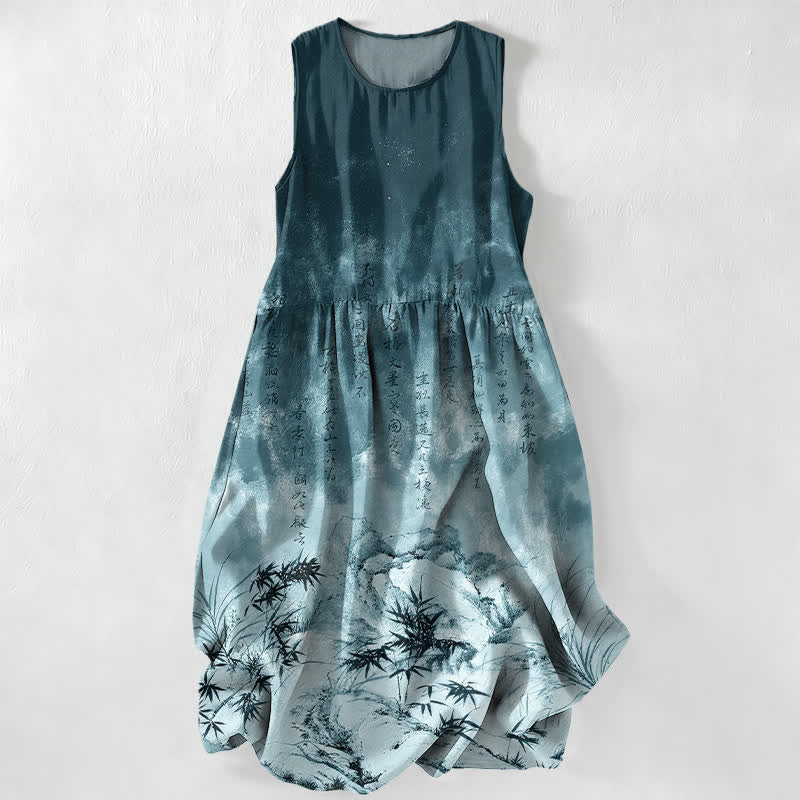 Buddha Stones Summer Casual Ink Bamboo Landscape Pattern Women's Summer Sleeveless Midi Dress With Pockets - Teal - US16,UK/AU20,EU48 (3XL) - image 5