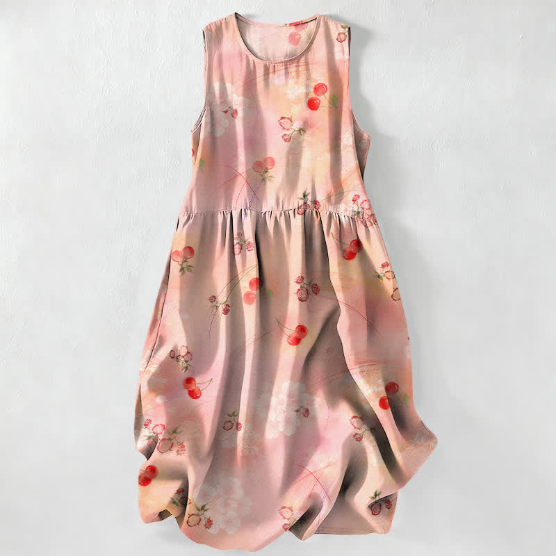 Buddha Stones Summer Casual Sweet Cherry Floral Pattern Women's Summer Sleeveless Midi Dress With Pockets - PeachPuff - US16,UK/AU20,EU48 (3XL) - image 0