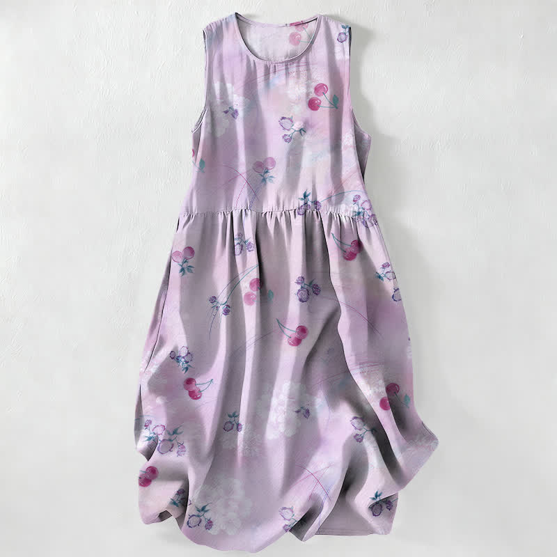 Buddha Stones Summer Casual Sweet Cherry Floral Pattern Women's Summer Sleeveless Midi Dress With Pockets - Thistle - US16,UK/AU20,EU48 (3XL) - image 4