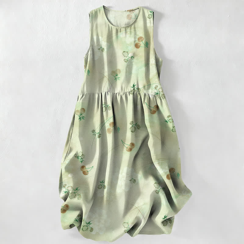 Buddha Stones Summer Casual Sweet Cherry Floral Pattern Women's Summer Sleeveless Midi Dress With Pockets - Honeydew - US16,UK/AU20,EU48 (3XL) - image 5