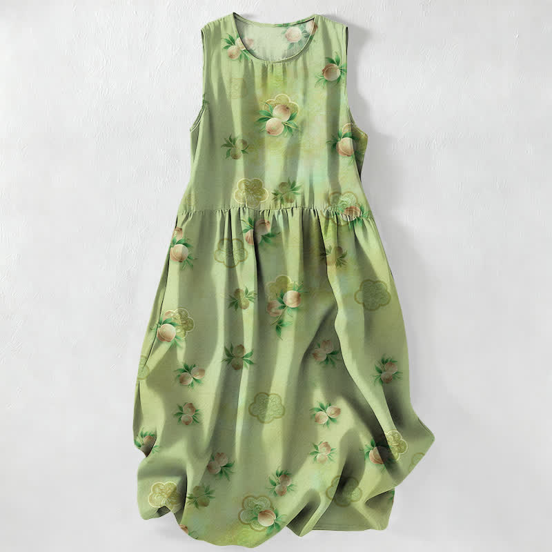 Buddha Stones Summer Casual Pink Floral Leaves Pattern Women's Summer Sleeveless Midi Dress With Pockets - YellowGreen - US16,UK/AU20,EU48 (3XL) - image 0